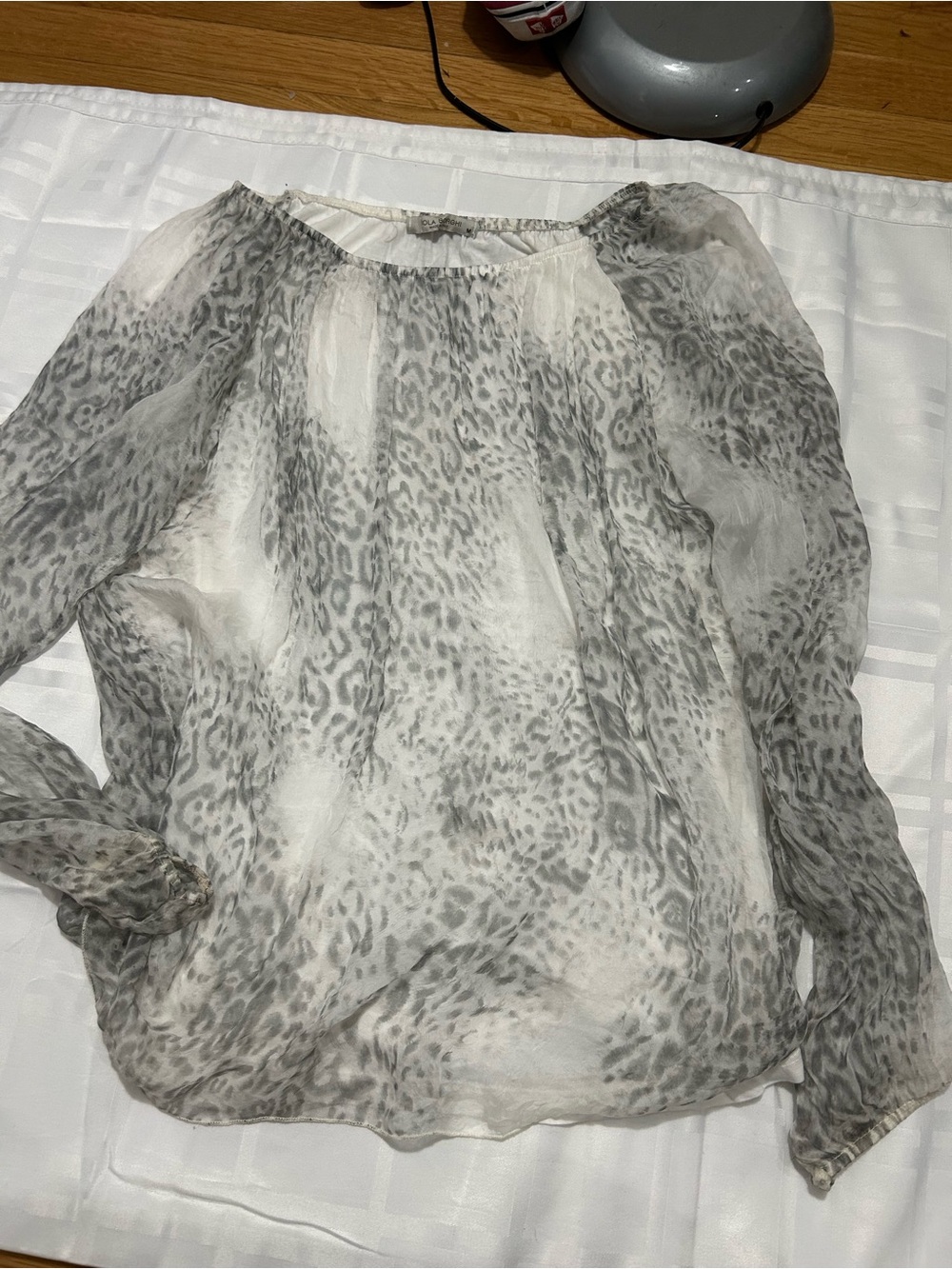 Silk Sheer Leopard-Print Blouse in Gray and White